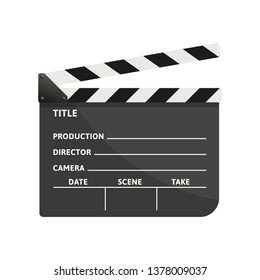 Open, black clapperboard. Clapper board slate for TV film and movie. Isolated on white background. Flat style.