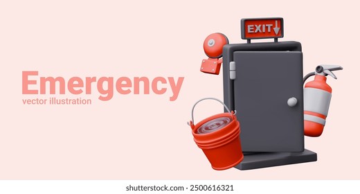 Open black door with exit sign, fire extinguisher, siren bell, bucket of water