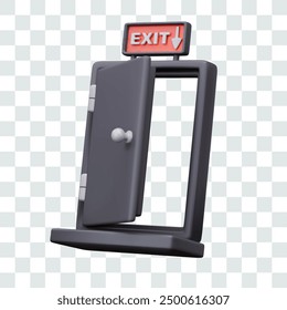 Open black door with inscription exit from above. Emergency exit from building