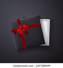 Open black empty gift box with red bow and ribbon on dark background. Top view. Template for your presentation, banner or poster. Vector illustration.