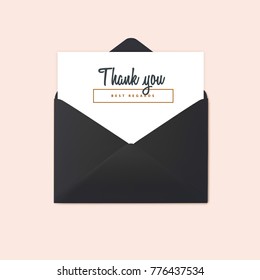 Open black envelope. Vector mockup. Thank you message and black letter, design template.