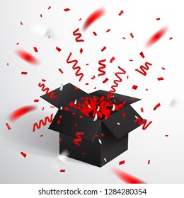 Open Black Gift Box and Confetti. Christmas and Valentine Background. Vector Illustration.
