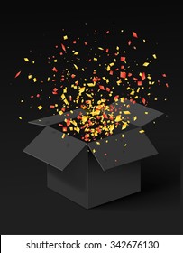 Open Black Gift Box and Confetti. Christmas Background. Vector Illustration.