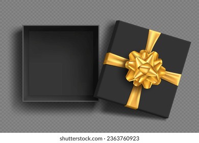 Open black gift box with golden bow and ribbon. Vector mockup isolated on transparent background.