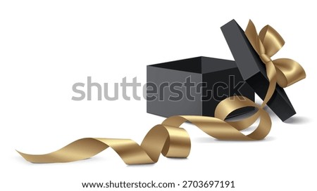 Open black gift box with golden bow and long ribbon isolated on white background for black friday sale design. Vector stock illustration. Not AI