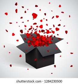 Open Black Gift Box and Heart Confetti. Christmas and Valentine Background. Vector Illustration.