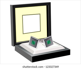 Open black gift box with stainless steel cufflinks isolated on white