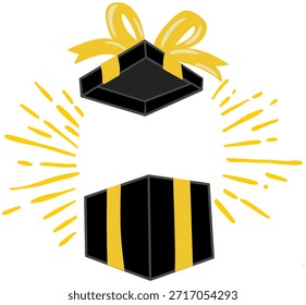 Open black gift box with yellow ribbon and golden rays illustration