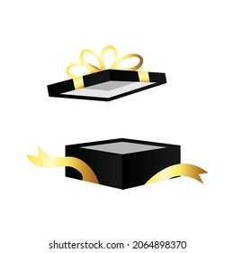Open black gift with gold ribbon