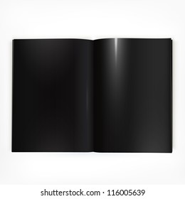 Open black glossy catalog double-page spread with blank pages.