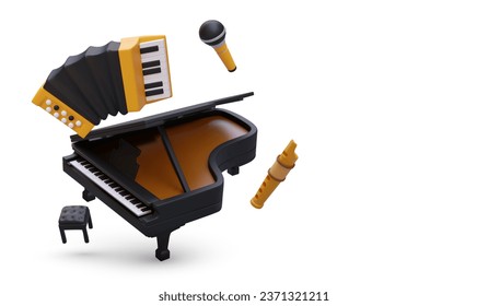 Open black grand piano, stool, accordion, flute, microphone. Floating vector objects. Vector concept of concert, orchestra. Composition on white background. Musical evening, event