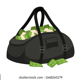 Open black leather bag with green stolen banknote cash isolated on white background. Bank theft. Financial crime. Money laundering. Finance fraud. Robbery. Million dollar fortune. Vector Illustration