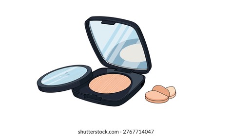 Open black makeup compact with a mirror and a textured beige face powder alongside three application sponges on a white surface.
