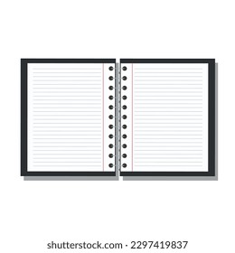 Open black notebook isolated on background. Blank sheet of lined notebook. Vector stock
