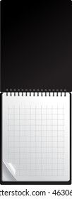 Open black notebook with page curl