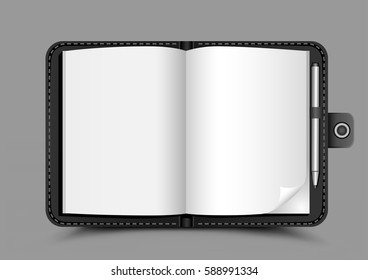 The open black notepad with shadow on gray background. Clear white sheets of paper. Writer template book