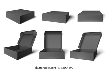 Open black packaging box. Dark cardboard opened and closed boxes, package mockup template vector illustration set