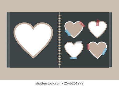 Open black photo album with hearts on sticky tape. Square album on golden metal spirals. Empty Beige and white hearts with frames. Vector realistic Mockup. Template. Photo card collage.