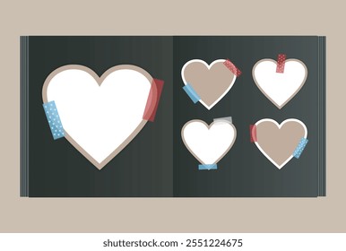 Open black photo album with hearts on sticky tape. Square stylish album. Empty Beige and white hearts with frames. Vector realistic Mockup. Template. Photo card collage.