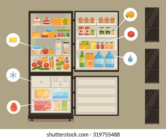 Open black refrigerator full of fresh food