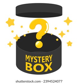 Open Black round mystery gift box and question icon isolated on white background. Random reward present secret loot box isometric concept. Vector illustration cartoon flat design.