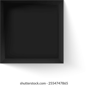 Open black square box mockup casting shadow on white background, empty cube package, pizza packaging mockup, dark paper gift box realistic 3d vector illustration