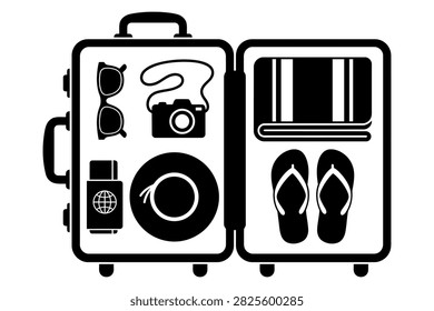 Open black suitcase filled with vacation items. Includes passport sunglasses hat camera towel and flip-flops. Ideal for travel planning concepts.