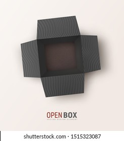 Open black textured gift box on light background. Top view isolated vector giftbox. Mockup, vector design element