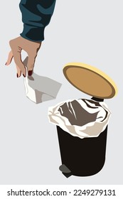 Open black trash can with a button for opening the lid and young womens hand holding white tissue trash.