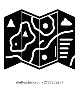 Open black and white folded map with contour lines and symbols open map monochrome de