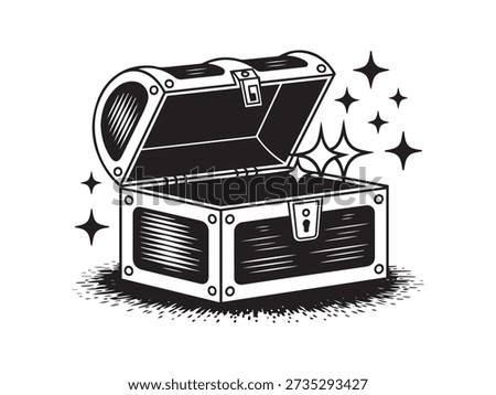 Open black and white treasure chest with sparkling stars open chest antique chest