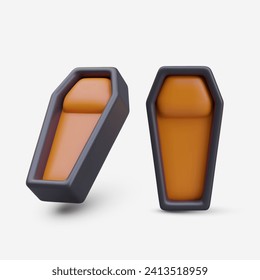 Open black-orange coffin in different positions. Open place for human burial. Decorative element for Halloween. Vector illustration in 3d style with shadow