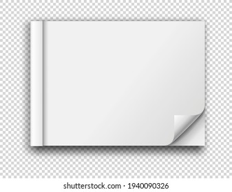 Open blank album or magazine with curled corner and soft shadow. Realistic empty template or mock up isolated on transparent background. Vector illustration, eps 10