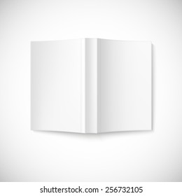 Open blank book cover on white background, top view.