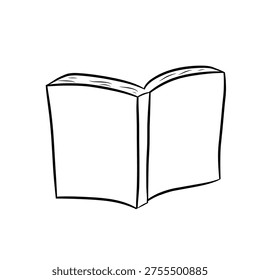 Open blank book without hands in simple line art style. Minimal black and white illustration with copy space concept for education, reading, and writing isolated on light background.
