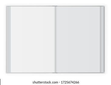 Open blank flat book spread with white paper page design template background