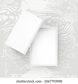 Open Blank Gift Box On Wood Table Top View. EPS10 Vector
