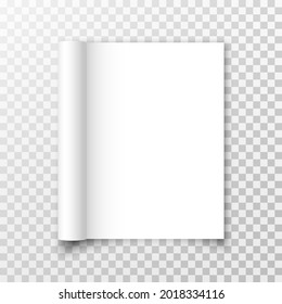 Open blank magazine or book with rolled pages isolated on transparent background. White vertical paper sheets of notebook, booklet, brochure, cover. 3d mockup template for your design. Vector