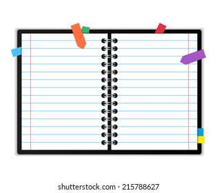 Open blank note book with some stickies isolated on a white background - Vector