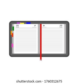 Open blank notebook with color stickies isolated on a white background. Vector illustration.