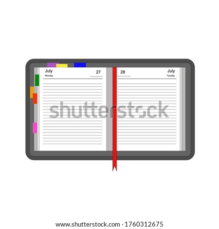 Open blank notebook with color stickies isolated on a white background. Vector illustration.