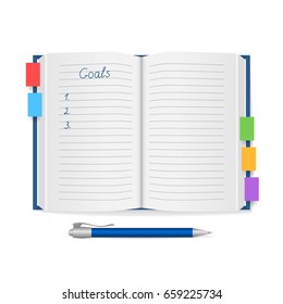 Open blank notebook with colored bookmarks and pen isolated on white background. Back to school. Education and school concept. Vector illustration