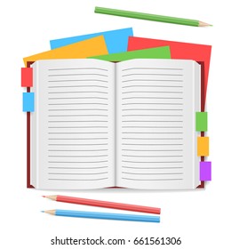 Open blank notebook with colored bookmarks and pencils isolated on white background. Back to school. Education and school concept. Vector illustration