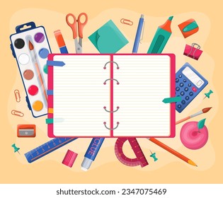 Open blank notebook, planner or diary with different stationery for memos writing and reminders. Back to school. Top view workplace. Place for your text. Design for banner, poster, social media, web