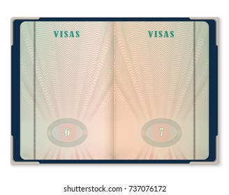 Open blank pages of passport. Template for tourist visa pages on document. International identification opened sheets of paper. Foreign vacation and travel, immigration and identification theme