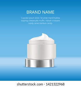 Open blank realistic cream container. Mockup, ads template, cosmetic package, jar vector illustration on blue background