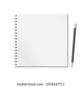 Open blank realistic notepad notebook with spiral and black pencil are on white background.