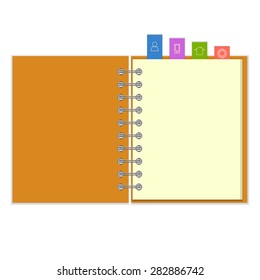 Open blank ring-bound notebook with colorful information  bookmarks