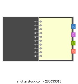 Open blank ring-bound notebook with grey cover and colorful information bookmarks