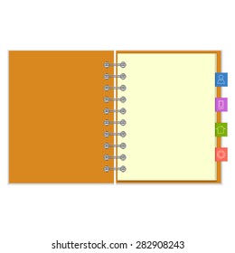 Open blank ring-bound notebook with orange cover and colorful information bookmarks